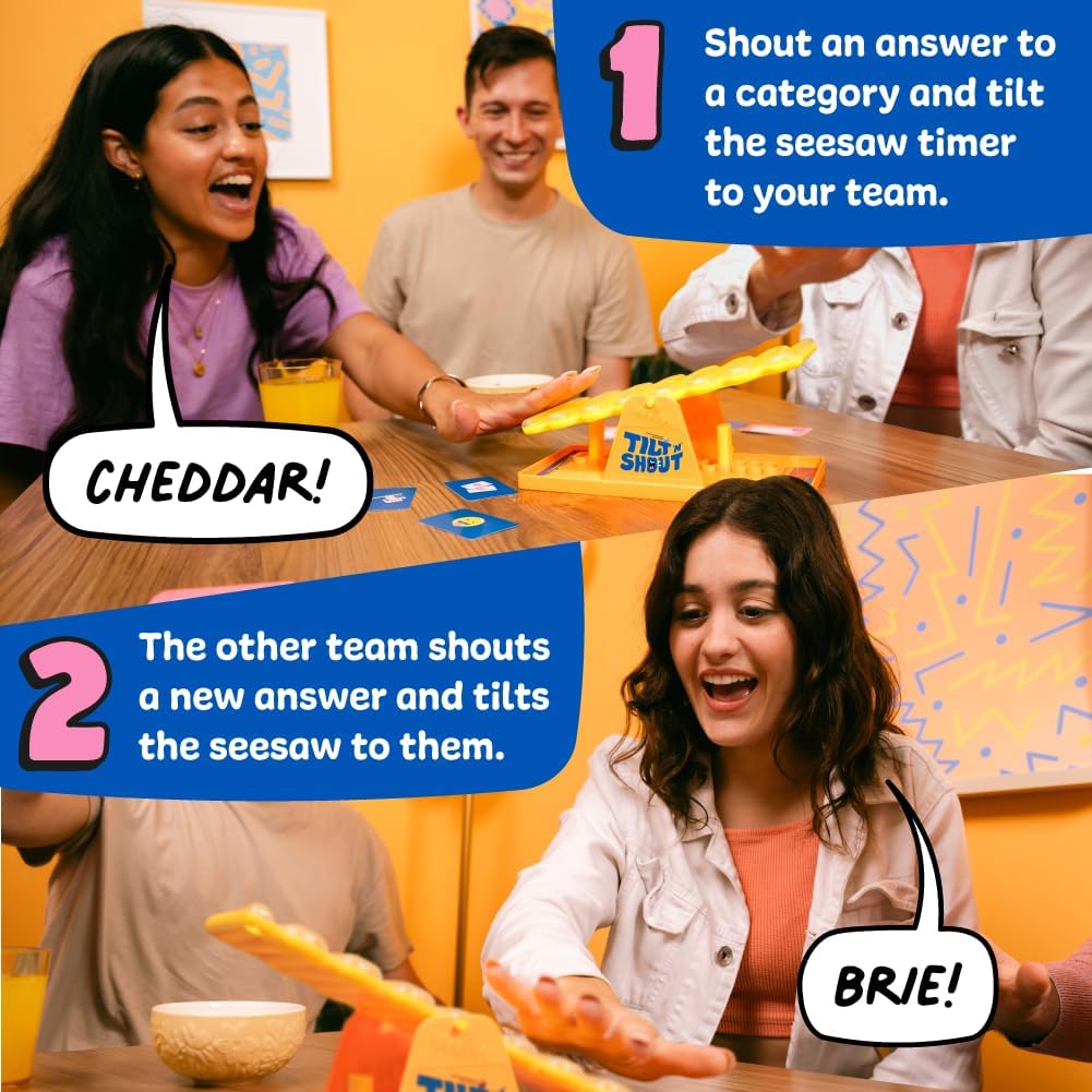 Fidtoy Tilt ’n’ Shout Speedy Seesaw Family Board Game for Kids & Adults | Plastic Party Game, 150 Category Cards, Interactive Marble Timer, Team Communication & Fast Answer Challenge Age 10+