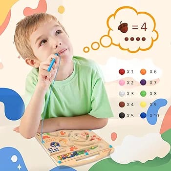 Fidtoy Tableau labyrinthe magnétique en bois avec chiffres et couleurs, jouet de tri de perles écureuil Montessori pour enfants de 2 à 6 ans