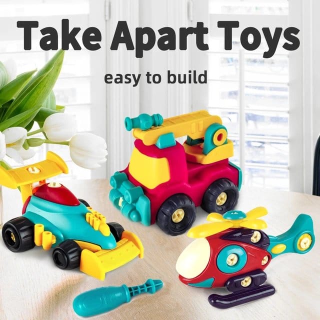 Fidtoy DIY Assembly Vehicle Toy Set 4 Pieces for Kids Ages 3-8, Take Apart Vehicle Playset with Screwdriver, Build and Disassemble Toy Cars for Fine Motor Skills, Problem Solving and Hands-On Engineering Play
