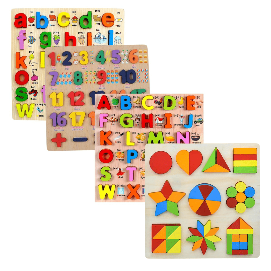 Tablero del alfabeto 3D con impresión de imágenes, mayúsculas, minúsculas, números y formas - Combo 4 en 1