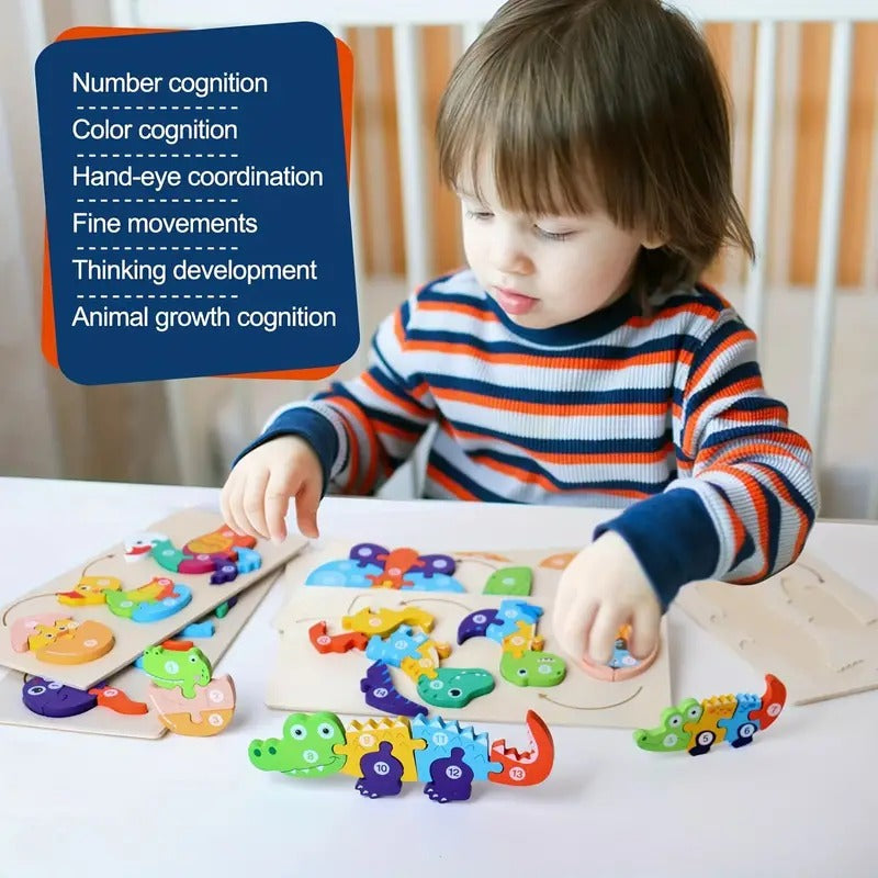Fidtoy 3D Cognitive Puzzle of Animal Growth - Random Animals, Wooden Animal Growth Puzzle with Numbered Pieces, Montessori Nature Learning Toy for Kids
