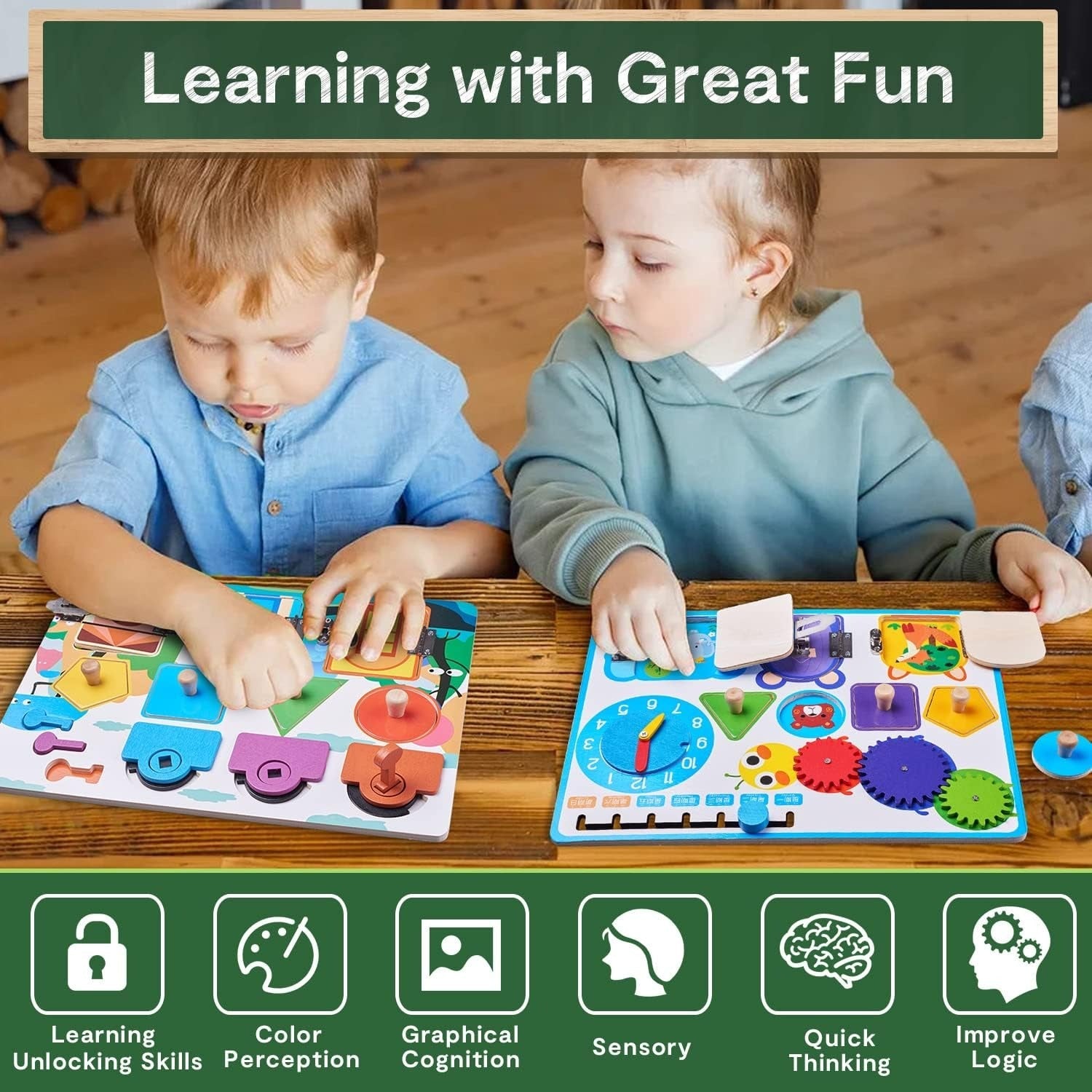 Fidtoy Tableau d'activités sensoriel en bois avec formes géométriques Montessori, jouet d'apprentissage de la motricité fine pour enfants de 2 à 6 ans
