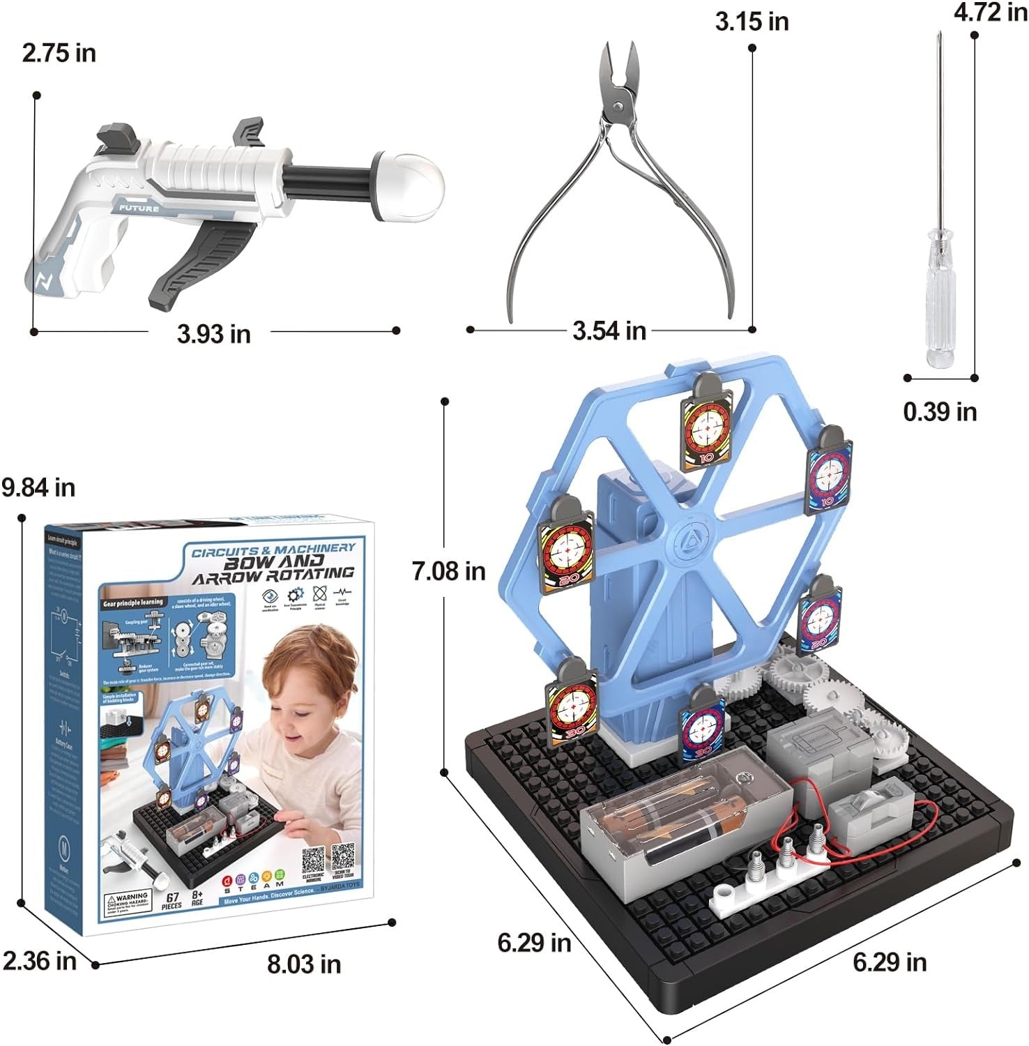 Fidtoy STEAM Machinery Bow and Arrow Rotating Circuit Kit for Kids Ages 8+, ABS Plastic STEM Assembly Shooting Target Toy with Gears and Circuit Learning
