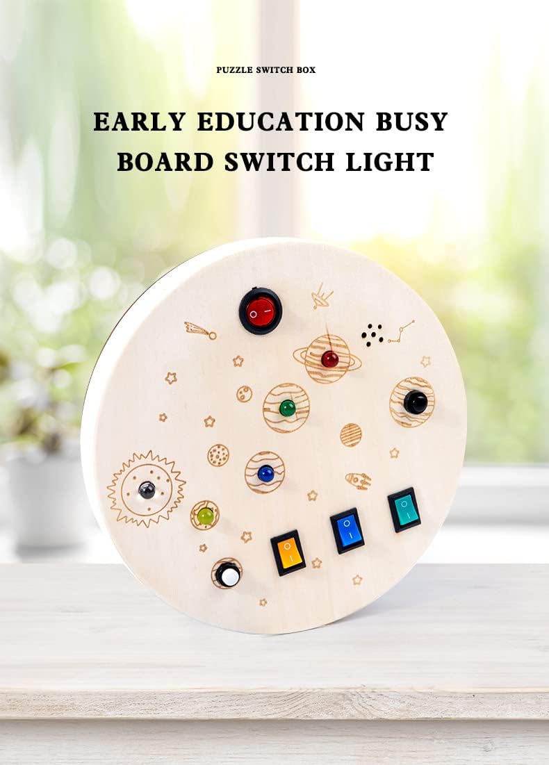 RGWOW Juguetes Montessori Busy Board para niños de más de 3 años. Juguetes sensoriales para niños pequeños, juguetes de viaje de madera con botones LED luminosos y sonido, juguetes de aprendizaje (círculo de color)