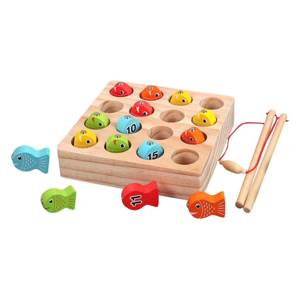 Fidtoy Solid Wooden Digital Magnetic Fishing Game for Kids Ages 2-6, Number Recognition Wooden Fishing Toy with 15 Fish, Double Fishing Rods and Colorful Early Learning Play