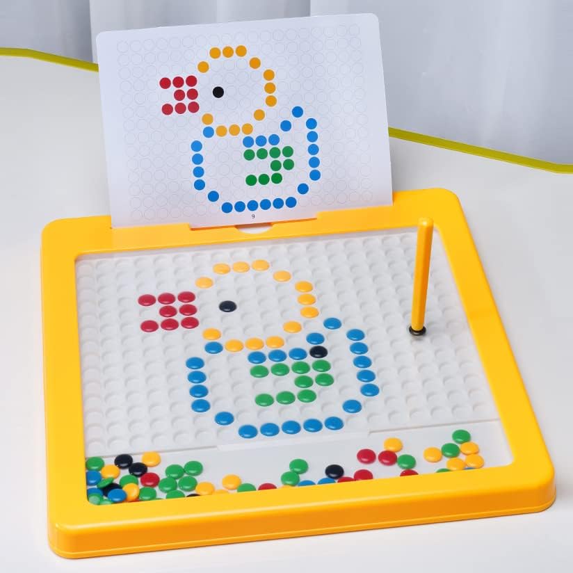 Fidtoy Small Magnetic Beads Drawing Board for Kids Ages 2-6, Yellow Plastic Magnetic Drawing Pad with Magnetic Pen, 10 Double-Sided Pattern Cards, Sealed Acrylic Panel and Fine Motor Creative Play