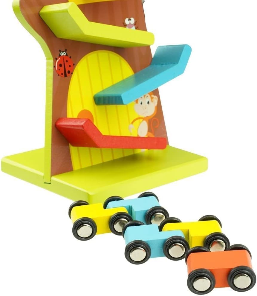 Fidtoy Pista de Rampa de 9 Niveles de Madera y Set de Juego de Coches de Carreras – Juguete de Desarrollo para Niños Pequeños