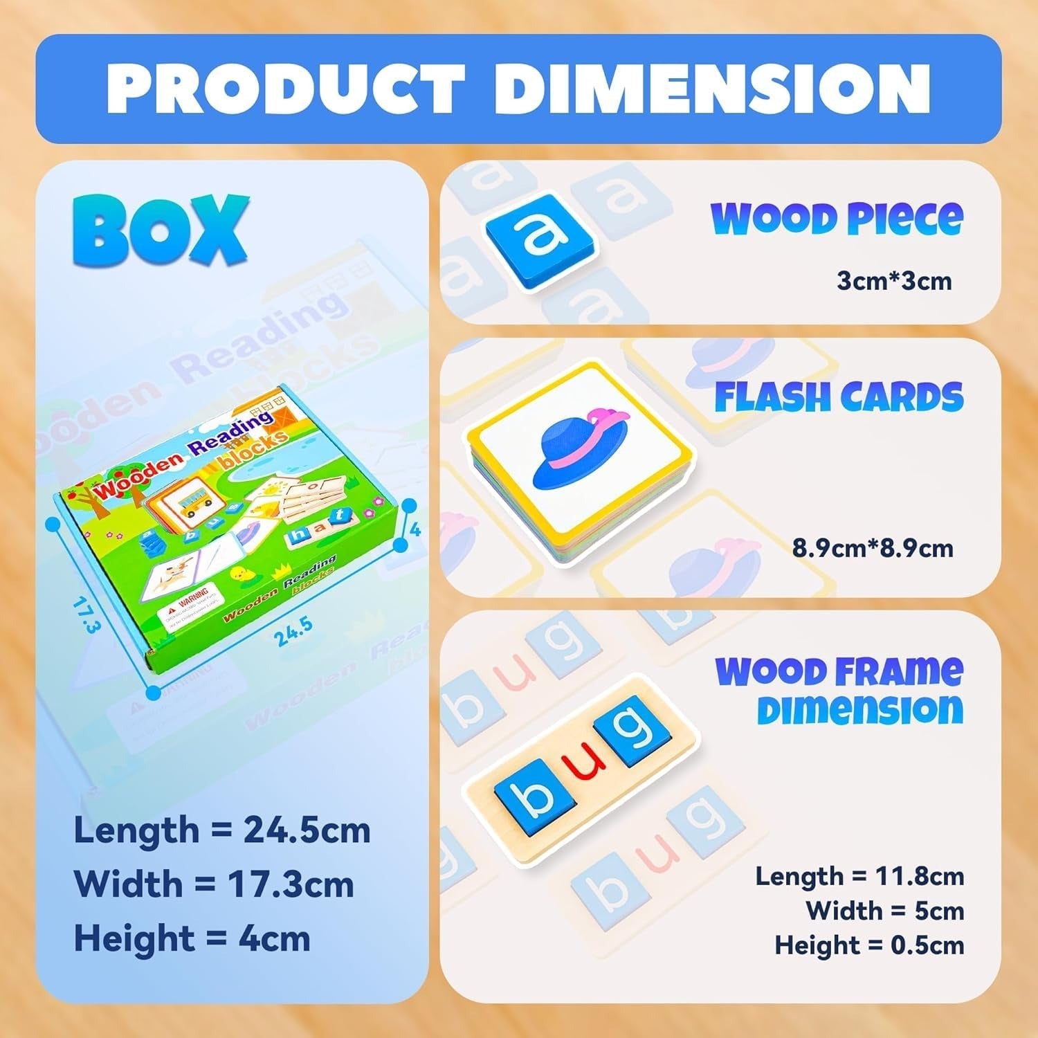 Fidtoy Sight Words Flash Cards Kindergarten Wooden Reading Blocks, 60 Double-Sided CVC Word Cards with Wooden Letter Blocks, Alphabet Spelling Game for Early Reading and Classroom Literacy Play