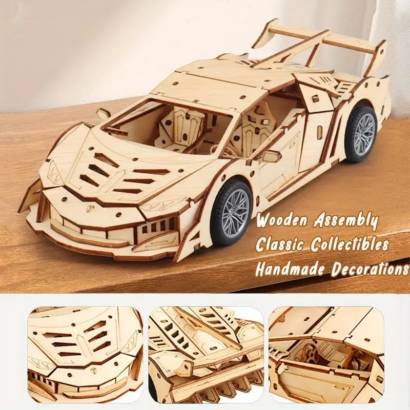 Fidtoy 3D Wooden Mechanical Supercar Pull Back Puzzle 114 Pieces, Wooden Car Model Building Kit for Teens and Puzzle Lovers Ages 14+