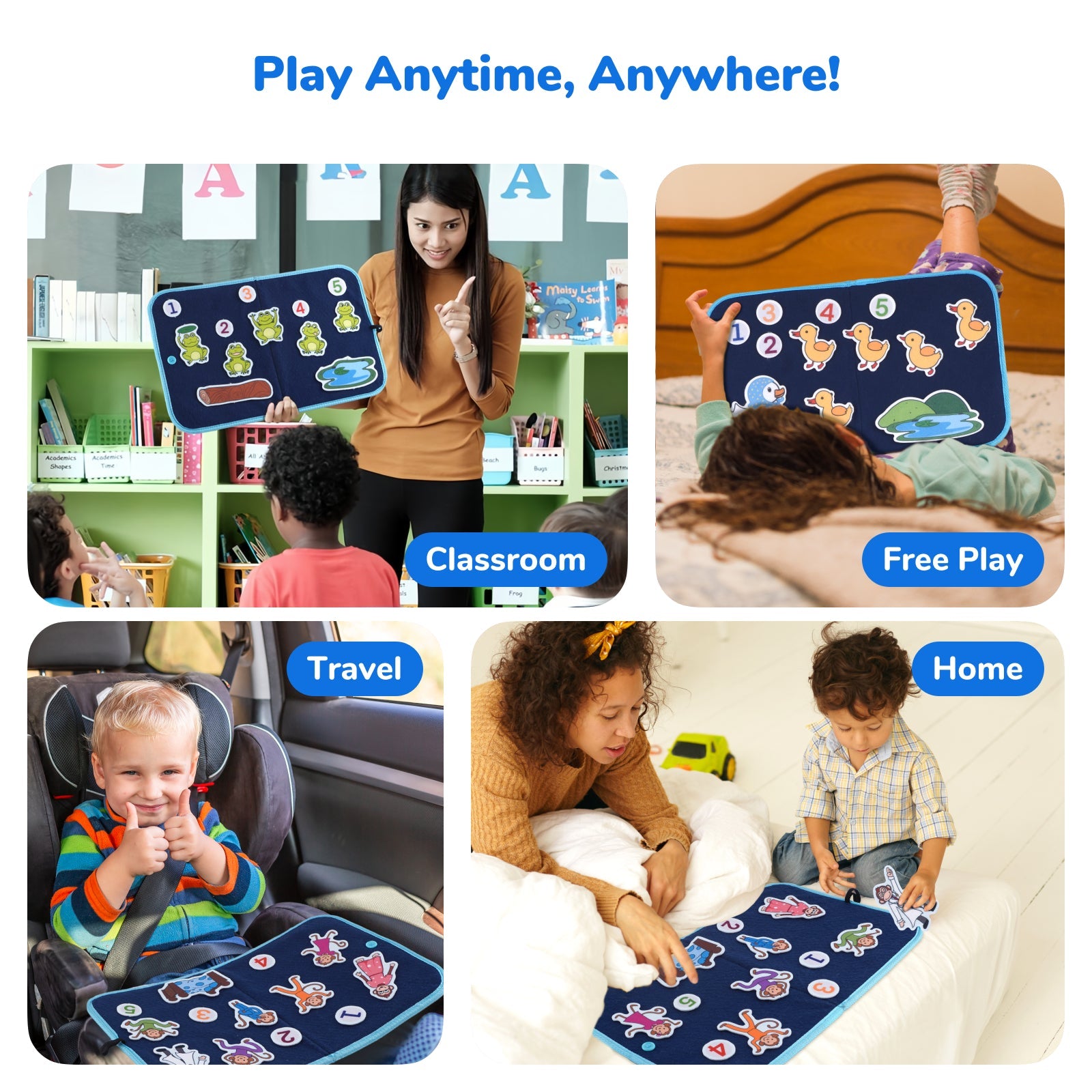 CHEFAN Tablero de fieltro para niños pequeños, tablero de franela para contar historias con piezas de fieltro de 5 patitos, 5 monitos y 5 ranitas verdes para actividades preescolares, 4 juegos