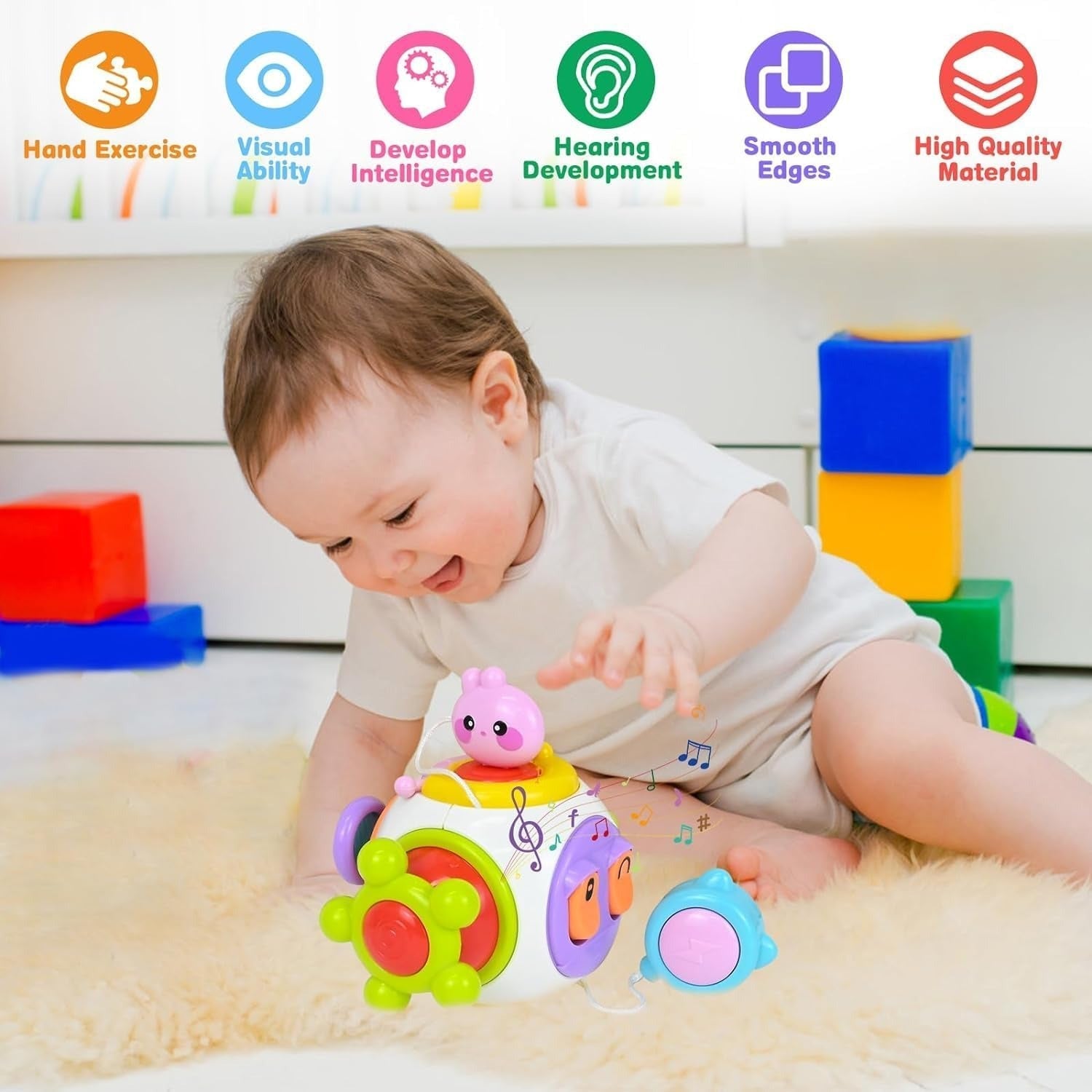 Fidtoy 6-in-1 Busy Catch Ball Activity Cube for Toddlers, Montessori Sensory Busy Cube with Switches, Plug, Rabbit Key, Fidget Spinner and Fine Motor Activities Age 18M+