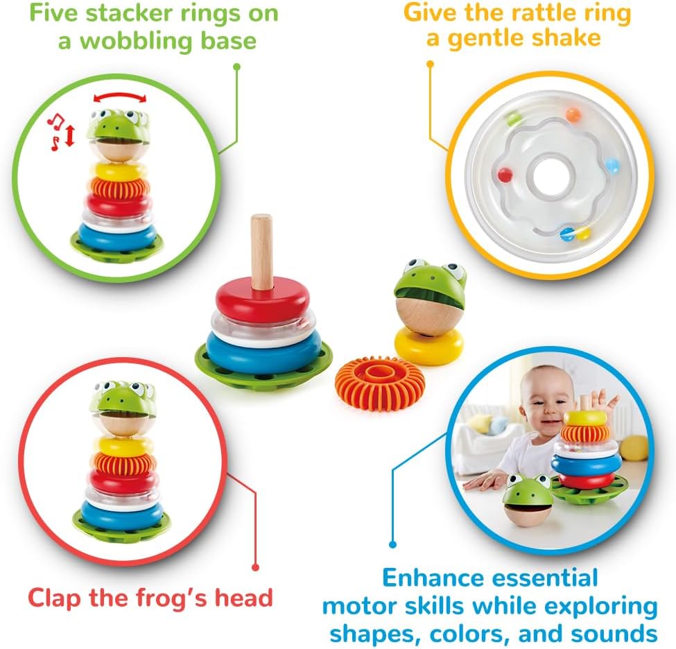 Fidtoy Jouet à empiler grenouille en bois avec base à bascule Jouet d'apprentissage