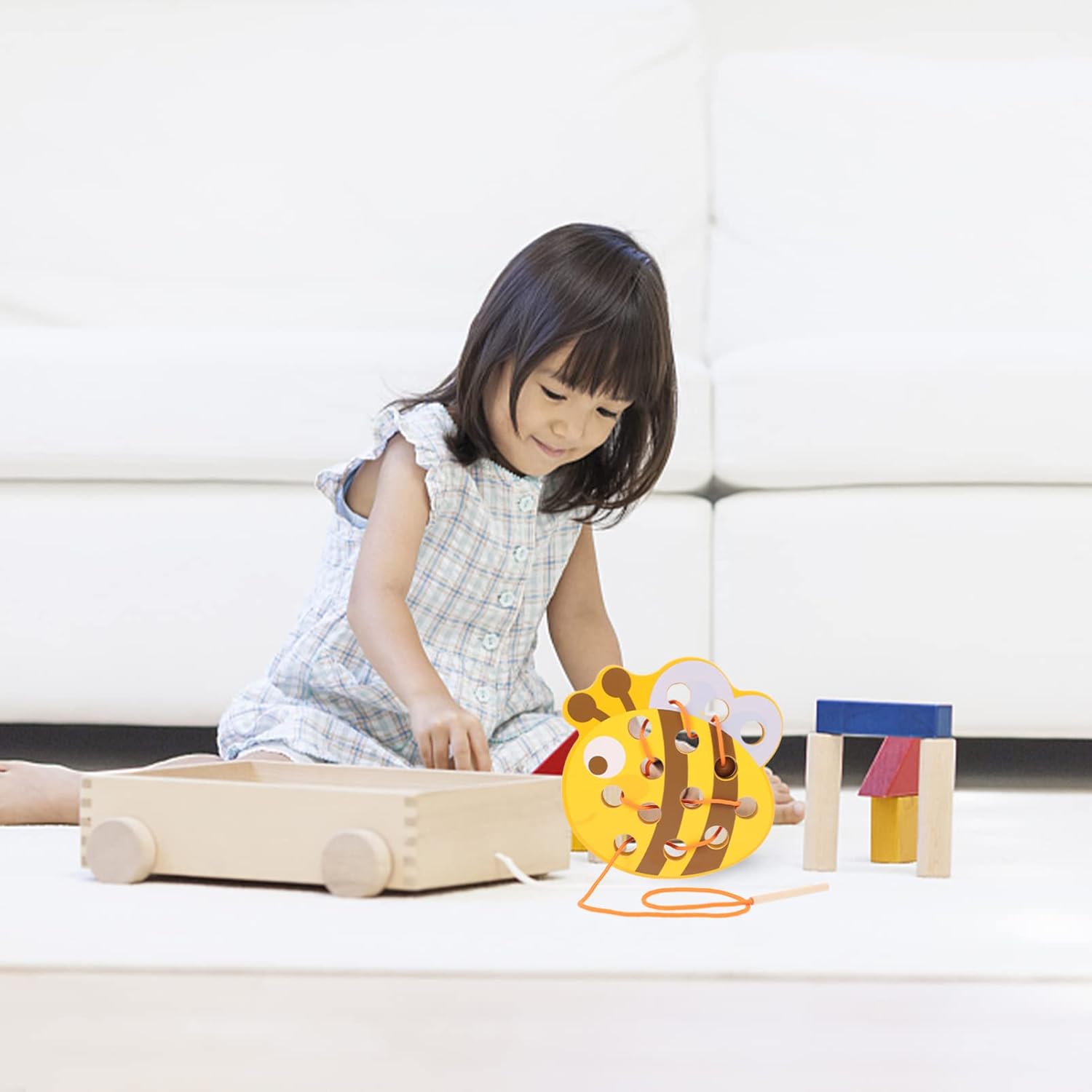 TOYANDONA Juguetes de madera para atar, animales para ensartar, juguetes para tejer, rompecabezas de bloques de madera, habilidades motoras finas, Montessori, juguete educativo de aprendizaje temprano para niños y niñas (abeja)