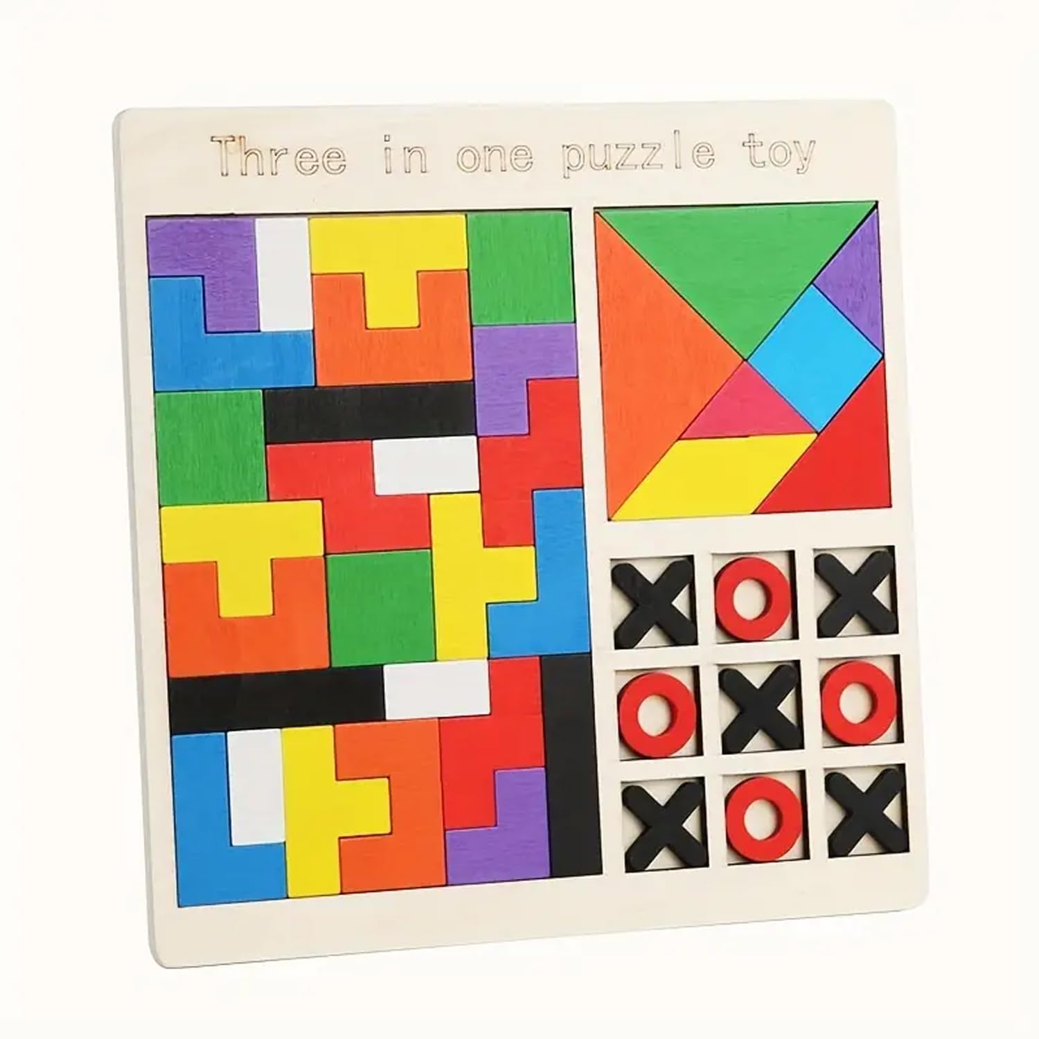Fidtoy 3-in-1 Wooden Brainstorming Tetris and Number Learning Board for Kids, Wooden Puzzle Board with Block Puzzle, Tangram and Tic-Tac-Toe, Fine Motor and Strategy Toy Age 2–6