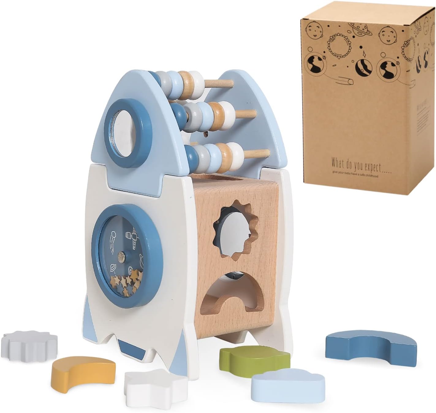 Cubo de actividades Fidtoy Rocket Juguete de madera Montessori para niños pequeños