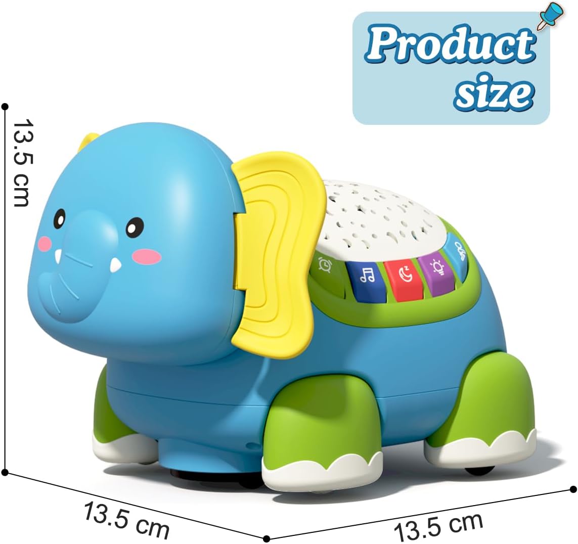 Jouet musical en forme d'éléphant rampant Fidtoy pour bébé avec lumières, berceuses et projecteur d'étoiles pour les tout-petits