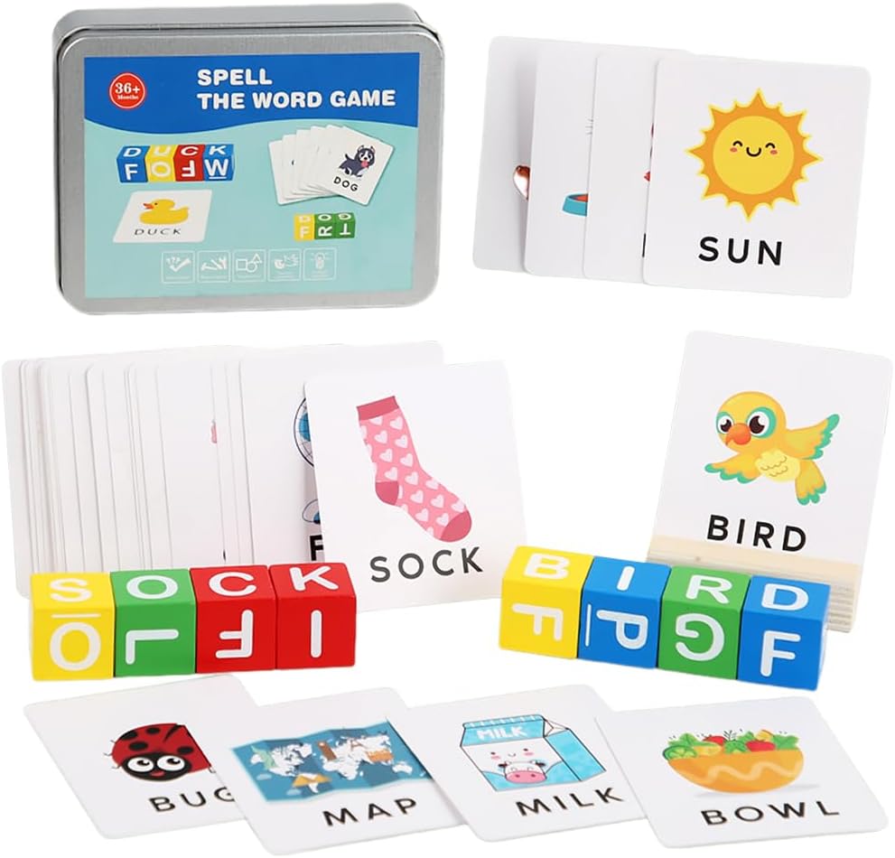Fidtoy Spell the Word Matching Wooden Cube Blocks for Kids Ages 2+, 30-Piece Wooden Letter Matching Flash Card Learning Toy with Storage Tin for Early Literacy and Color Recognition