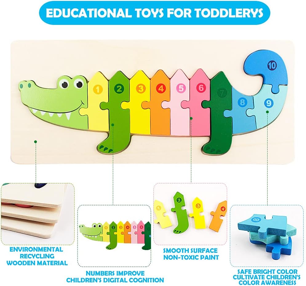 Fidtoy Plateau de puzzle 3D en bois crocodile, Plateau d'animaux en bois pour tout-petits, Puzzle d'association préscolaire, Jouet de reconnaissance des couleurs motricité fine pour les 2-6 ans