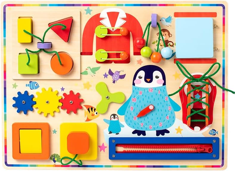 Fidtoy Planche d'activités sensorielle en bois 10 en 1 pour tout-petits, planche d'activités Montessori pratique en bois avec xylophone, labyrinthe, trieur de formes, fermeture éclair, horloge, engrenages et interrupteurs Âges 2-4