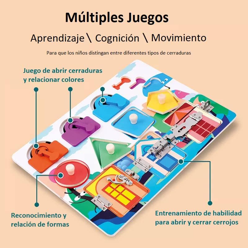 Estimado Mia Little Liz | Tablero de Actividades Montessori Tablero de Puertas con Cerradura | Estimulación Temprana | Entrenar Motricidad Fina | Coordinación Ojo-Mano | Niños y Niñas