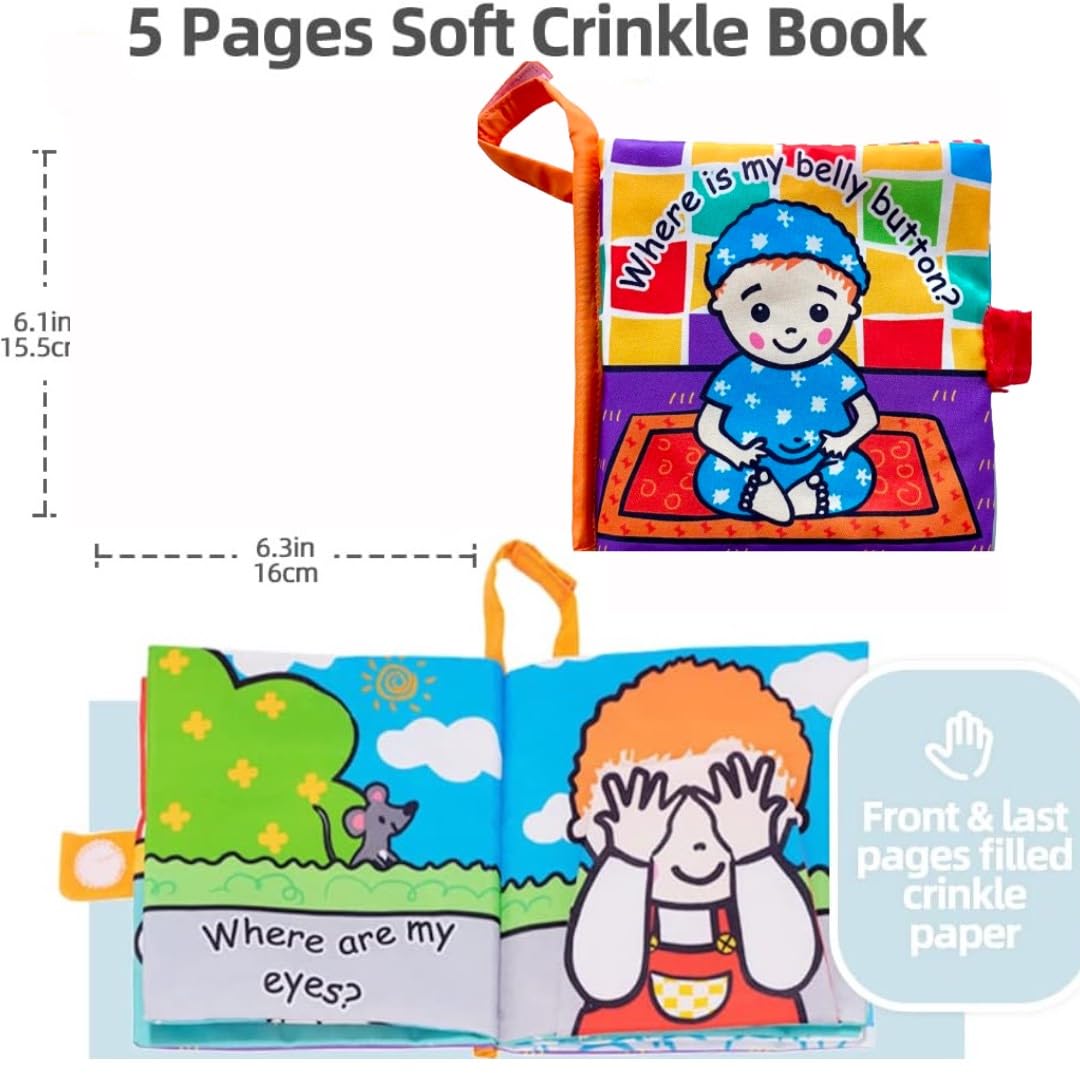 BOOK BOND ¿Dónde está mi ombligo? Libro de tela para bebés y niños pequeños de 0 a 3 años | Páginas arrugadas para juego sensorial | Fácil de transportar | Regalo de primer cumpleaños para bebés niños y niñas
