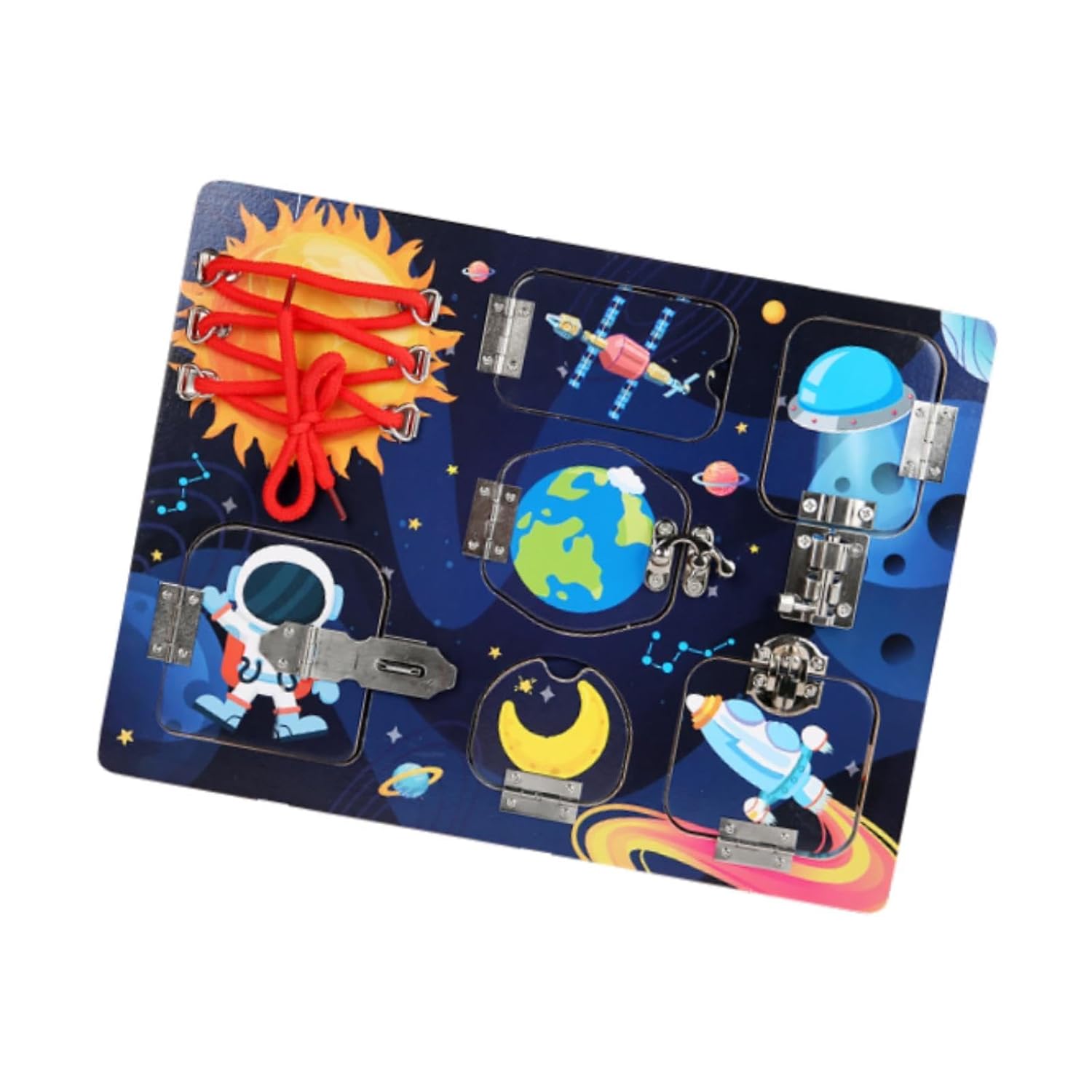 Haz clic para ver la vista completa de la tabla de actividades sensoriales ATORSE Wood Busy Board para niños y niñas, regalo de cumpleaños, temática espacial