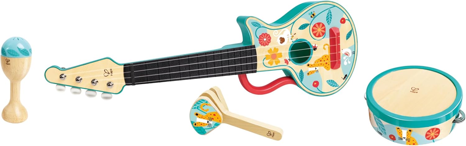 Fidtoy Wooden Musical Instrument Set Kids Ukulele Tambourine Kit