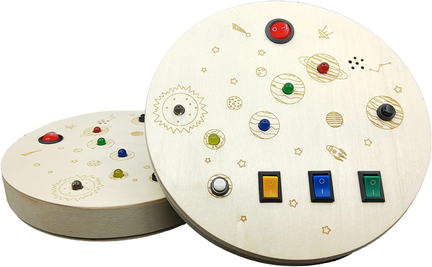 RGWOW Juguetes Montessori Busy Board para niños de más de 3 años. Juguetes sensoriales para niños pequeños, juguetes de viaje de madera con botones LED luminosos y sonido, juguetes de aprendizaje (círculo de color)