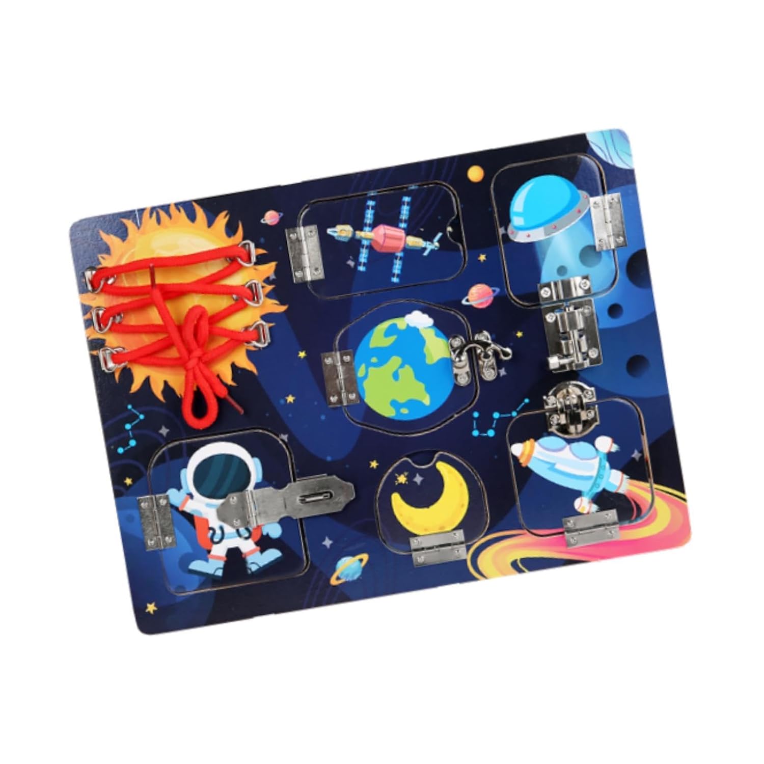 Haz clic para ver la vista completa de la tabla de actividades sensoriales ATORSE Wood Busy Board para niños y niñas, regalo de cumpleaños, temática espacial