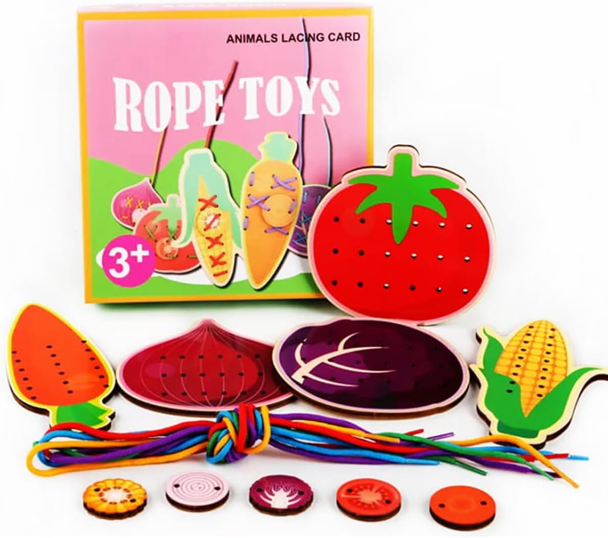 Habarri Rompecabezas de Madera Montessori - Cordones - Aprendizaje de Atado - Piezas Cortadas con Láser de Colores - Juguete Educativo para Niños Mayores de 3 Años - 10 cm x 0,5 cm x 7 cm – Verduras