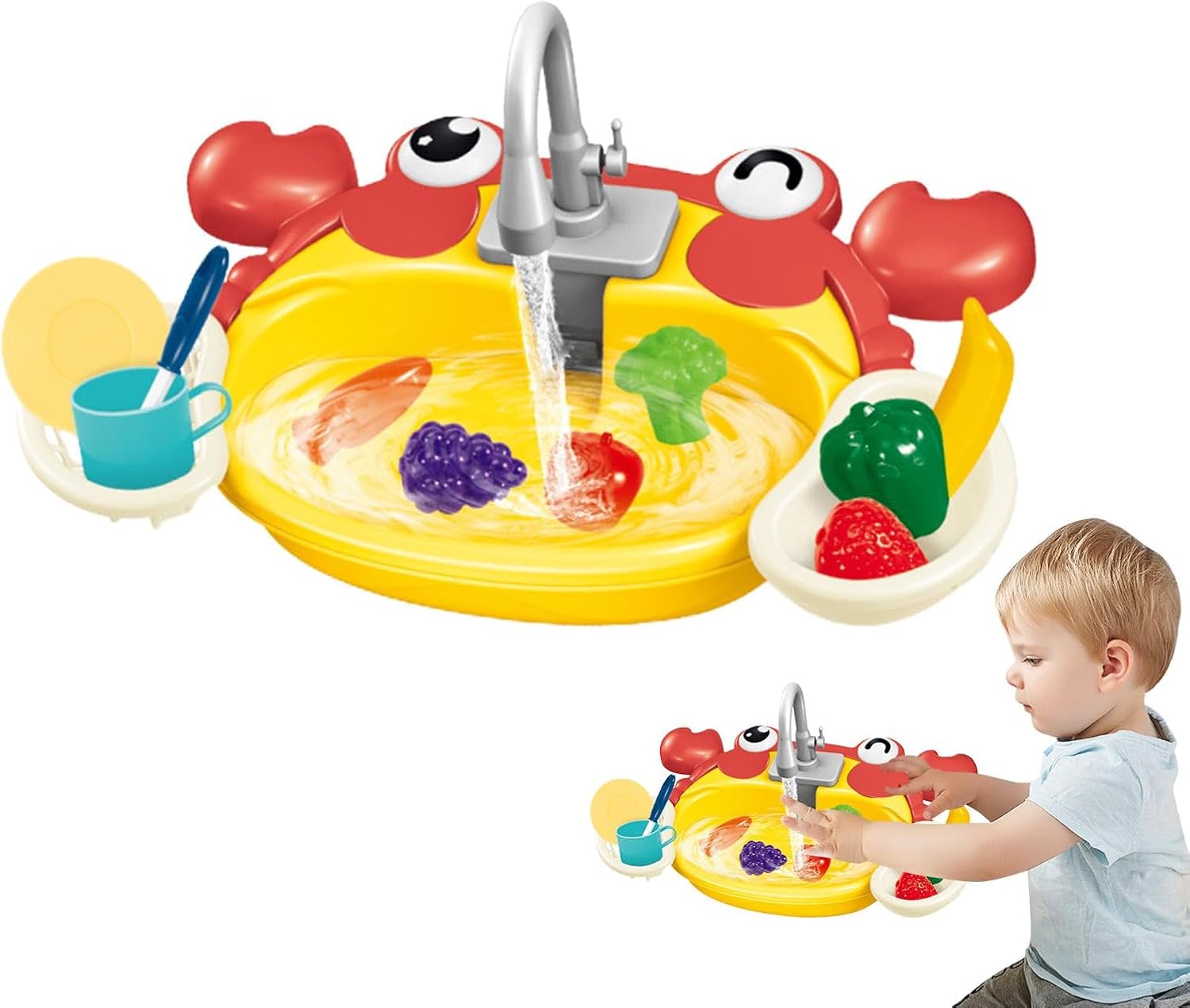 Fidtoy Jouet Évier de Cuisine Animal Mignon pour Enfants de 3 à 8 Ans avec Robinet à Eau Courante, Jeu de Rôle de Cuisine Interactif avec Fruits, Légumes et Panier de Vidange
