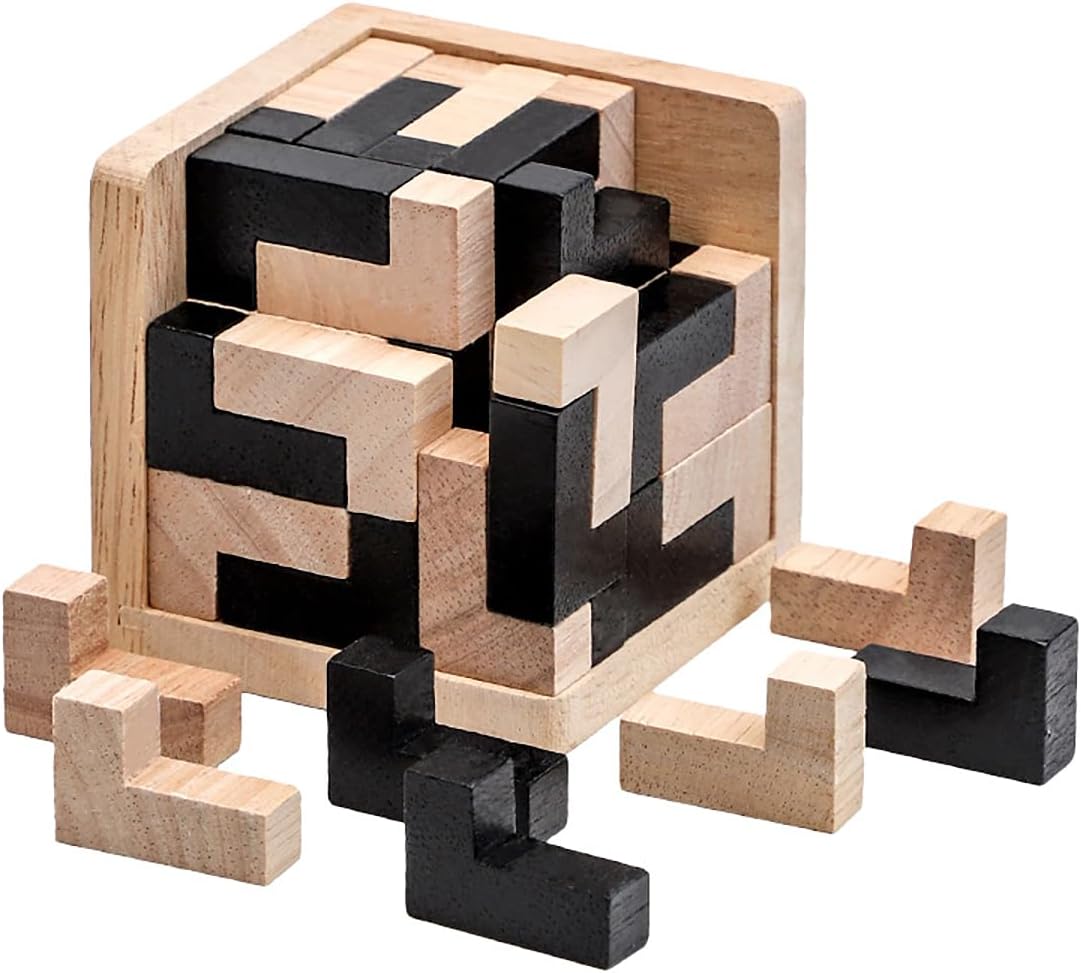 Fidtoy Wooden IQ Brain Teaser Puzzle Cube 54 Pieces 3D T Shape L Shape Logic Puzzle with Tin Box for Kids Ages 6+