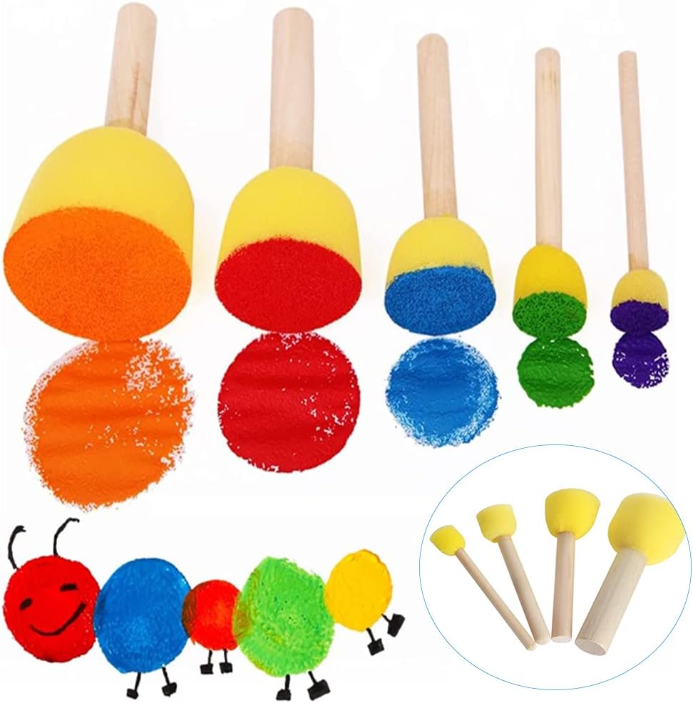 Fidtoy 16-Piece Round Sponge Brush Set for Kids Ages 3+, Wooden Handle Sponge Painting Stampers with 4 Sizes, Yellow Art Brushes for School, Home Painting, Art Studio and Outdoor Doodle Activities