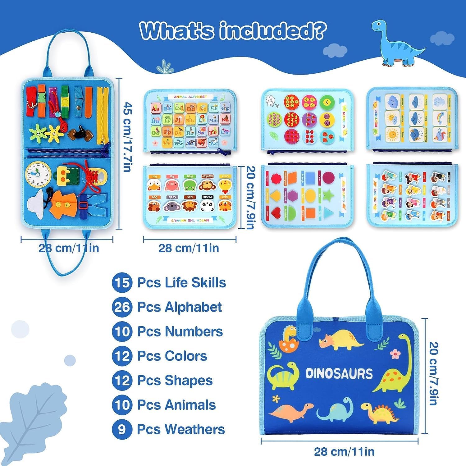 Fidtoy Busy Dinosaur Learning Sensory Fine Motor Book for Toddlers – 5 Double-Sided Montessori Busy Book with Buckles, Zippers, Numbers, Letters & Weather Activities
