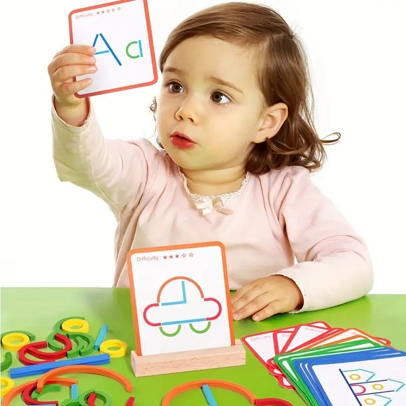 Fidtoy Wooden Sticks and Rings Pattern Matching Puzzle Cards Montessori Fine Motor Memory Toy for Kids Ages 3 to 8