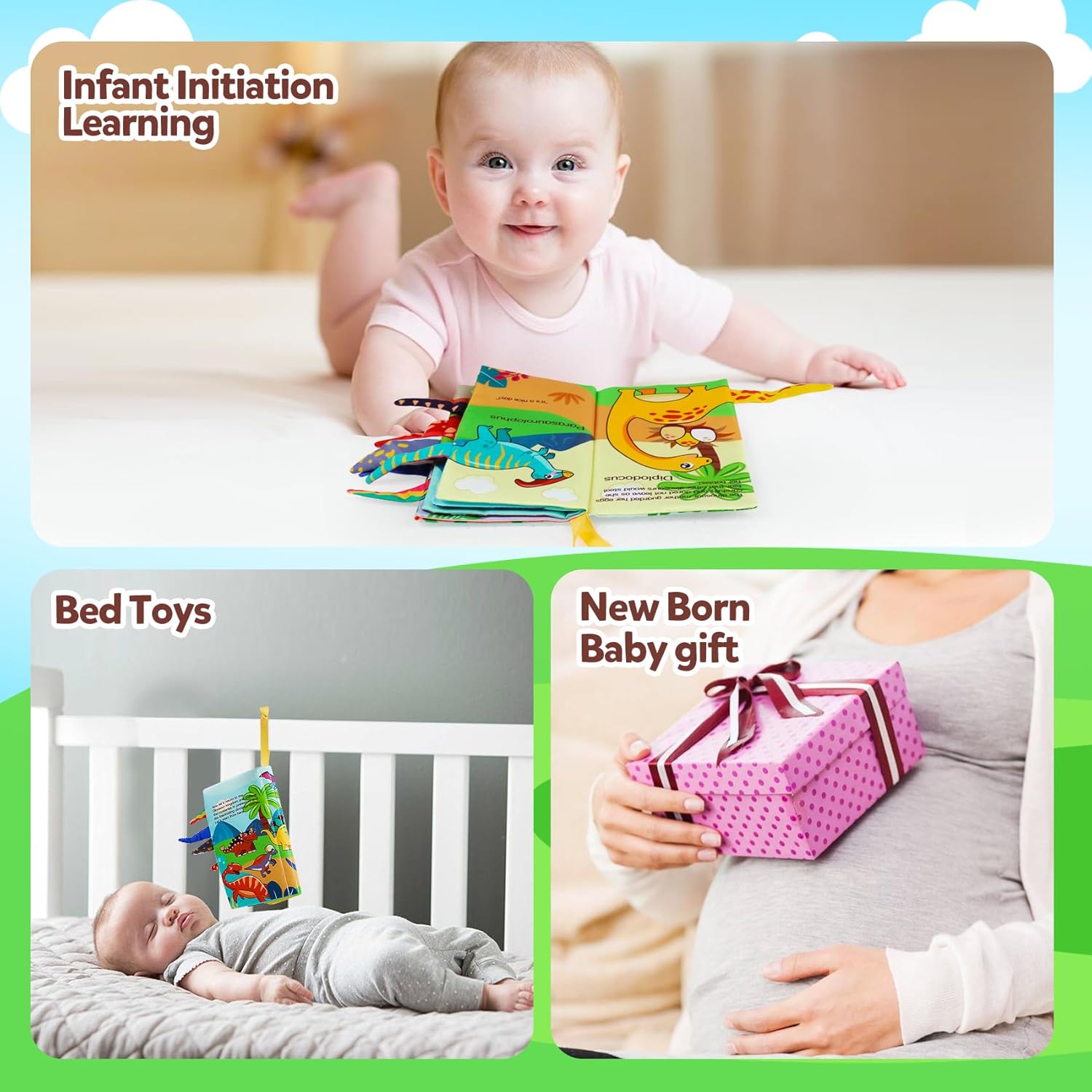 Fidtoy Baby Soft Dinosaur Learning Cloth Book Sensory Crinkle Baby Book with Textured Dinosaur Tails for Infants and Toddlers Ages 0-2