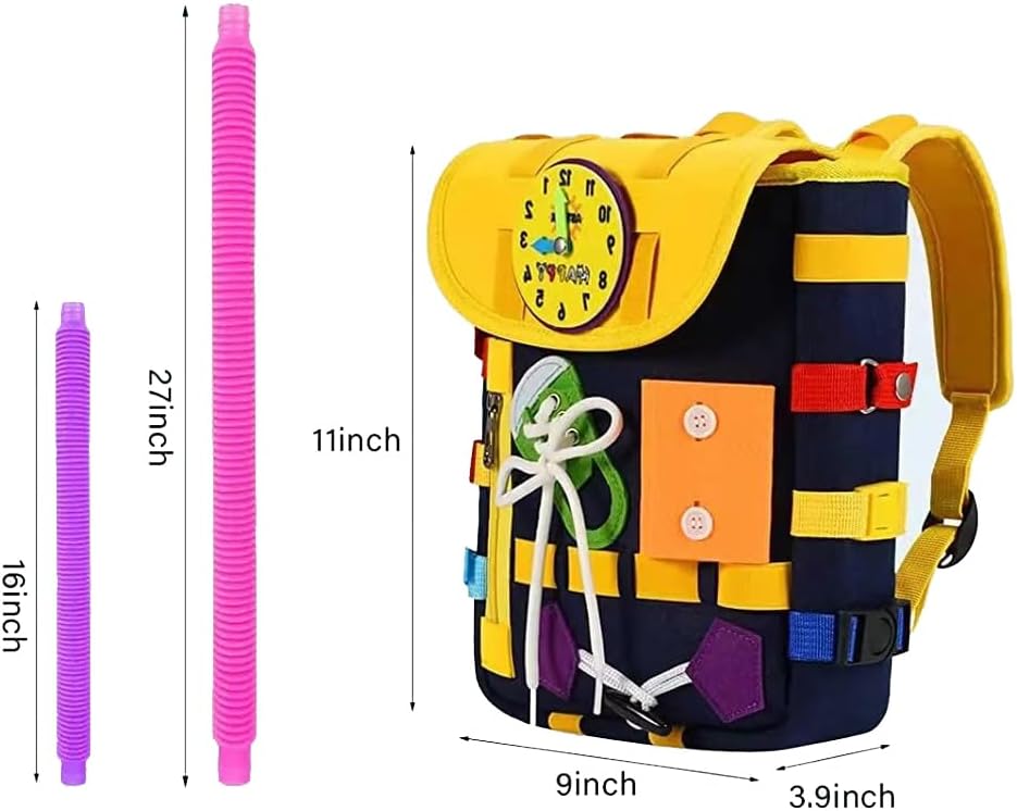 Fidtoy Toddler Busy Kit with Pop Tubes Backpack | Cloth Busy Board Backpack, Montessori Dressing Skills Toy, Pop Tube Shape Building, Fine Motor Skills & Travel Learning Toy Age 3+