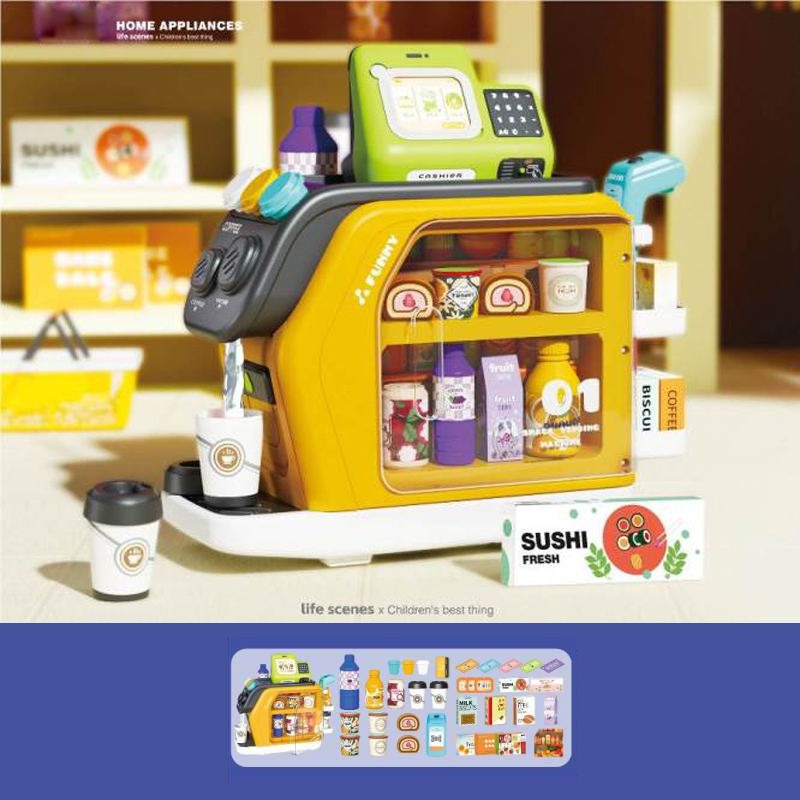 Fidtoy 3-in-1 Multifunctional Pretend Play House Cashier Coffee Set, Kids Plastic Coffee Maker Refrigerator Cashier Toy, Kitchen Shopping Role Play Set for Ages 3+