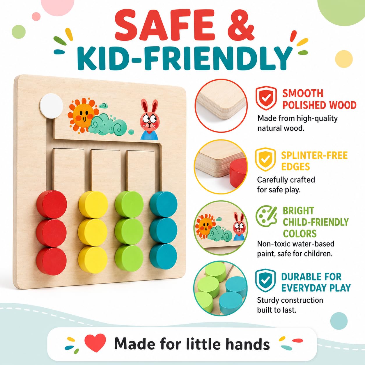 Fidtoy Small Wooden 4 Colour Logic Game for Kids Ages 3+, Compact Wooden Maze Puzzle with Sliding Shapes, Color Matching, Fine Motor Play and Problem Solving Learning Board
