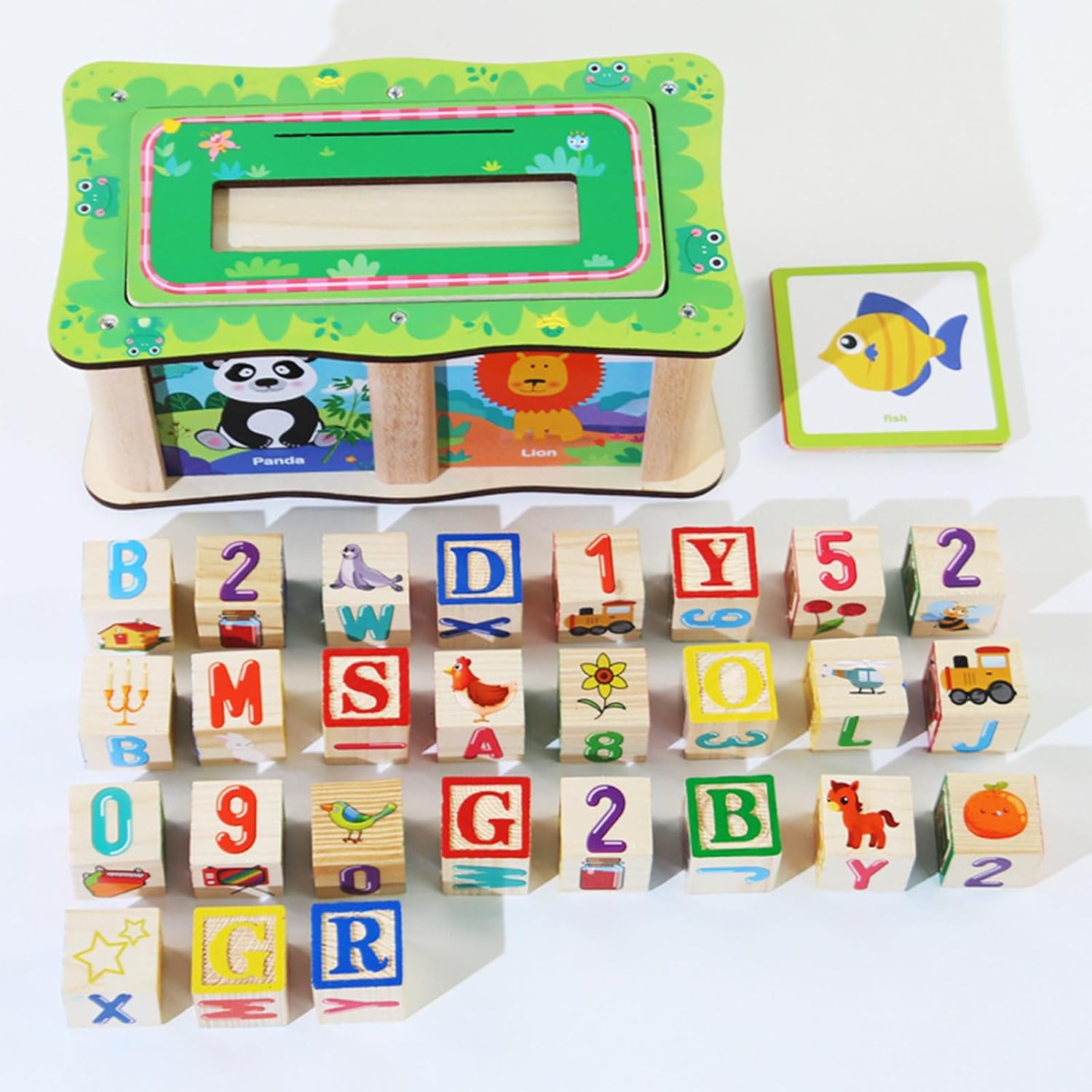 Fidtoy Wooden Word Building Block Box with Cards , Wooden Alphabet Blocks and Picture Cards Set with 27 Blocks, 20 Double-Sided Cards and Storage Box Ages 3+