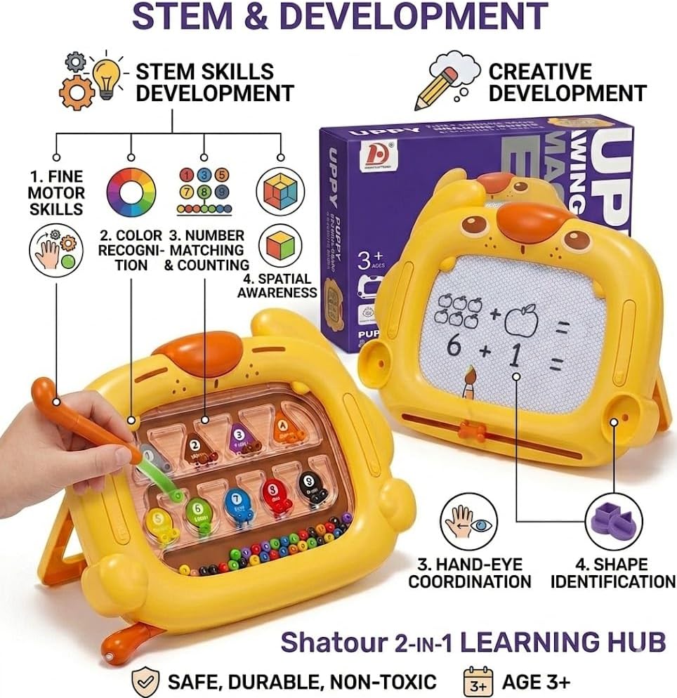Fidtoy Puppy Drawing Slate and Magnetic Number Color Maze Game 2-in-1 Learning Board for Kids Ages 2-6