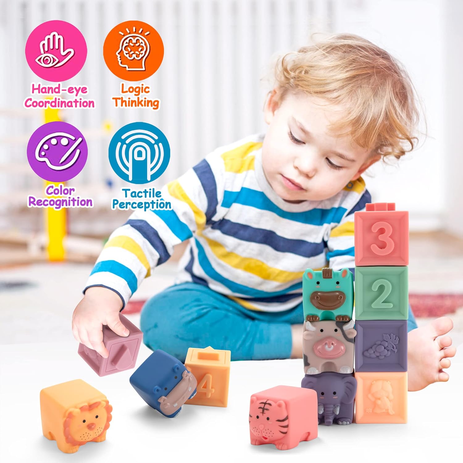 Fidtoy Baby Activity Soft Building Blocks Animal and Number Silicone Stacking Blocks for Babies Ages 0-2 with Animals, Numbers, Colors and Shapes