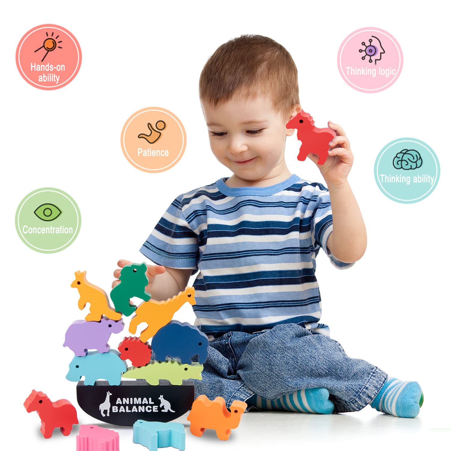 Fidtoy Montessori Wooden Animal Balance Stacking Game – Educational Balance Toy for Kids Ages 3+