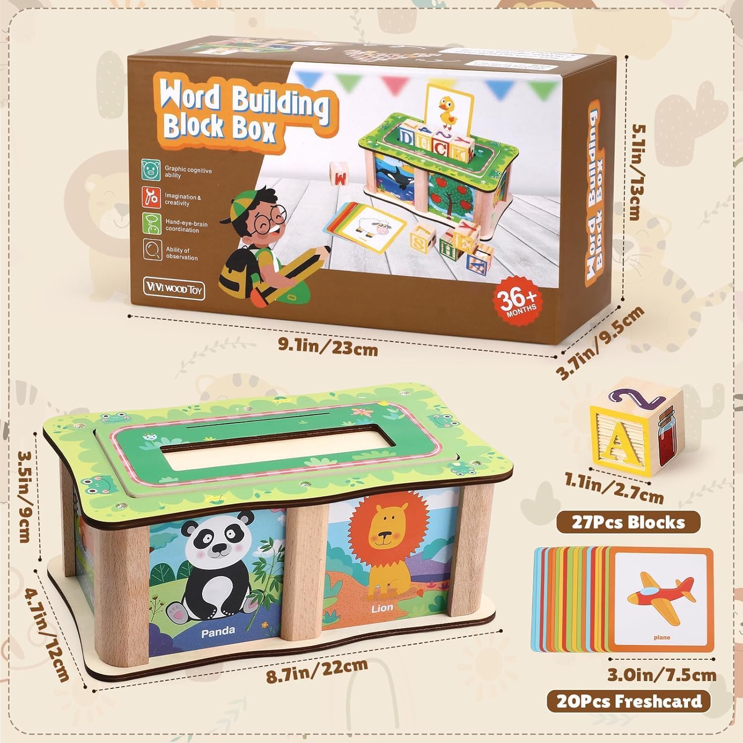 Fidtoy Wooden Word Building Block Box with Cards , Wooden Alphabet Blocks and Picture Cards Set with 27 Blocks, 20 Double-Sided Cards and Storage Box Ages 3+
