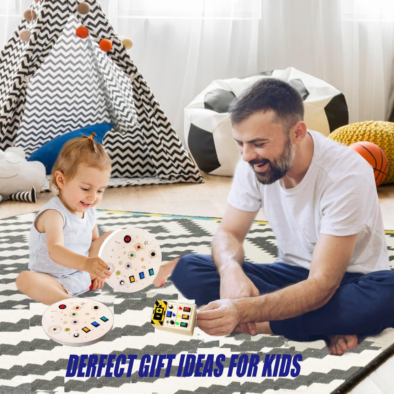 RGWOW Juguetes Montessori Busy Board para niños de más de 3 años. Juguetes sensoriales para niños pequeños, juguetes de viaje de madera con botones LED luminosos y sonido, juguetes de aprendizaje (círculo de color)