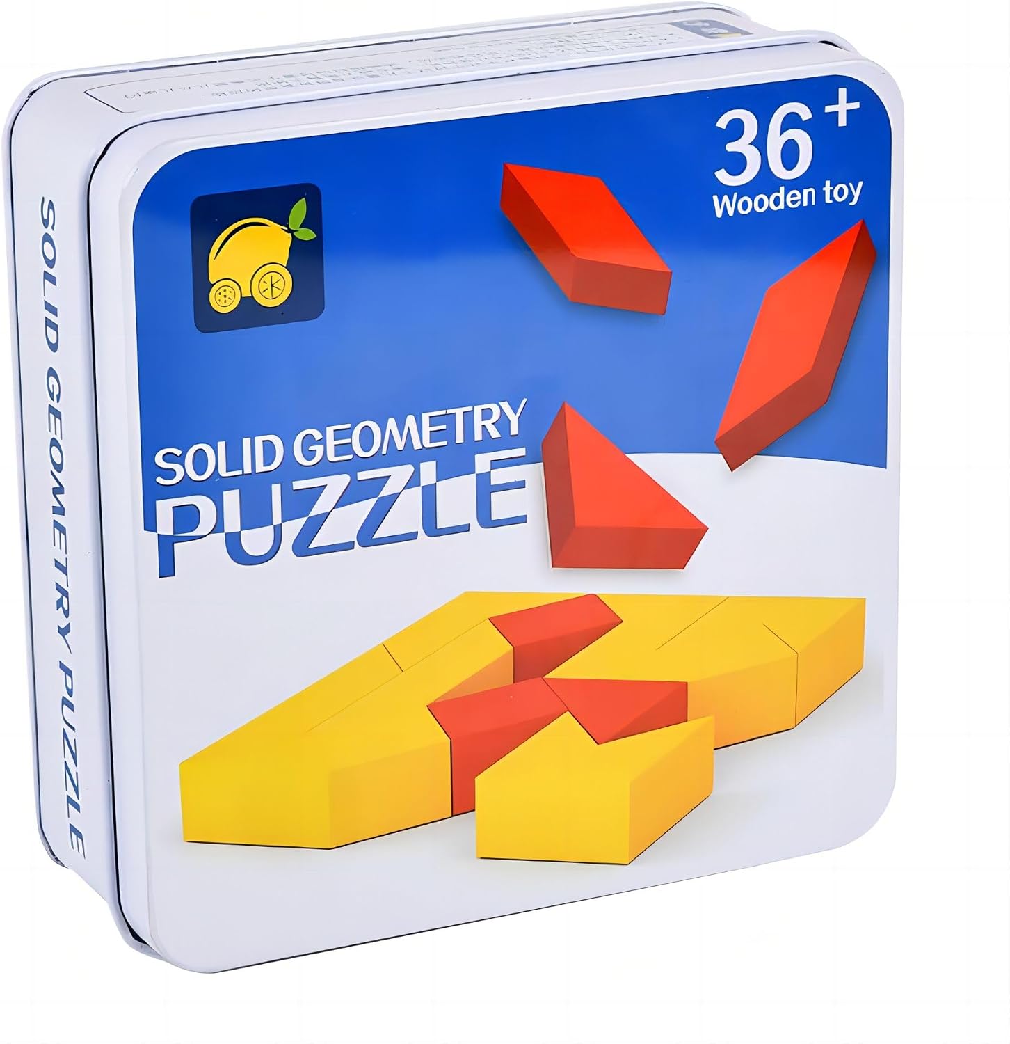 Fidtoy Creative Pattern Wooden Puzzle for Kids Ages 3+, 14 Wooden Blocks with 60 Double-Sided Pattern Cards, Geometric Tabletop Brain Game in Colorful Tin Box