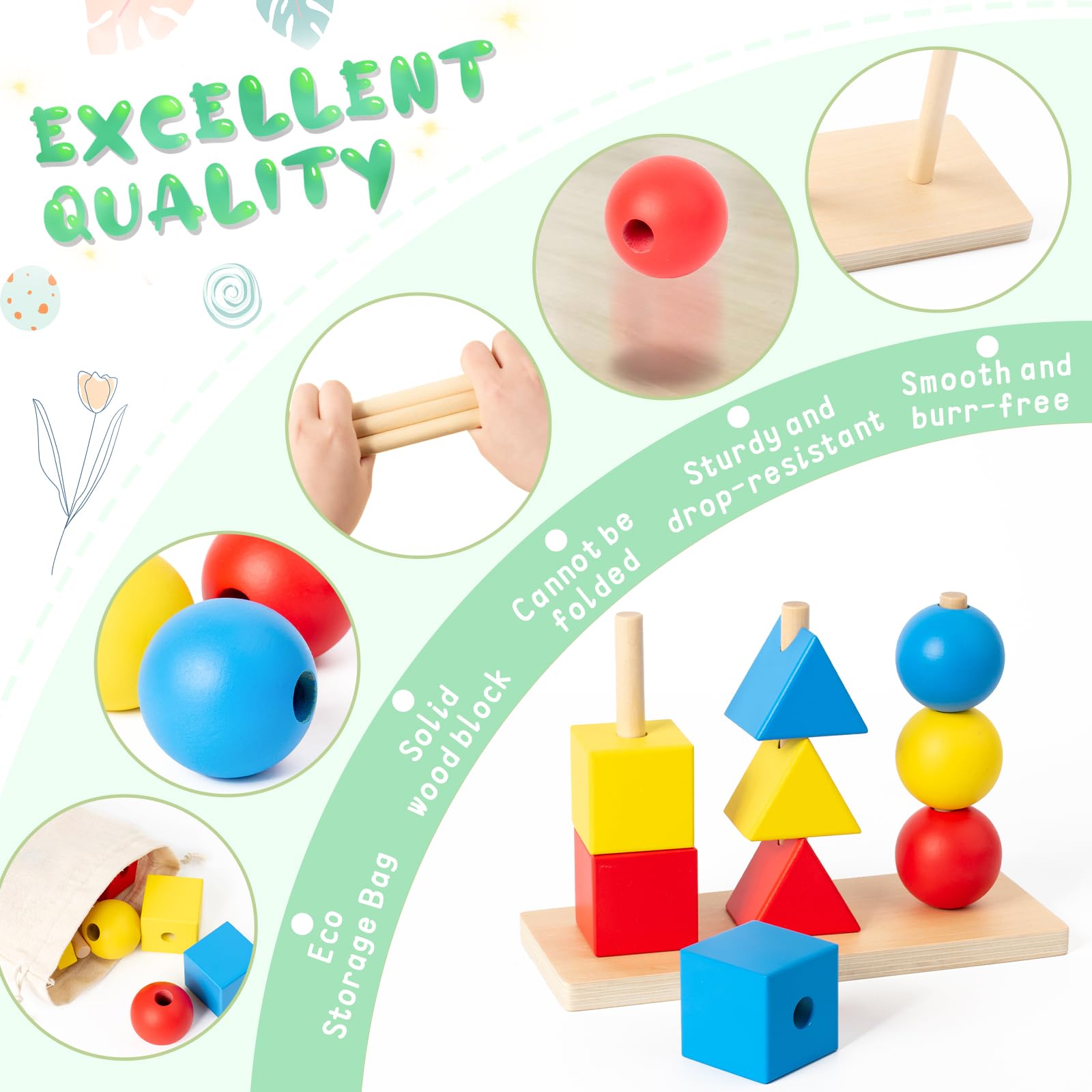 Montessori Toddler Sequence Beads Stacker and Colour Sorting Toy With Flash Cards