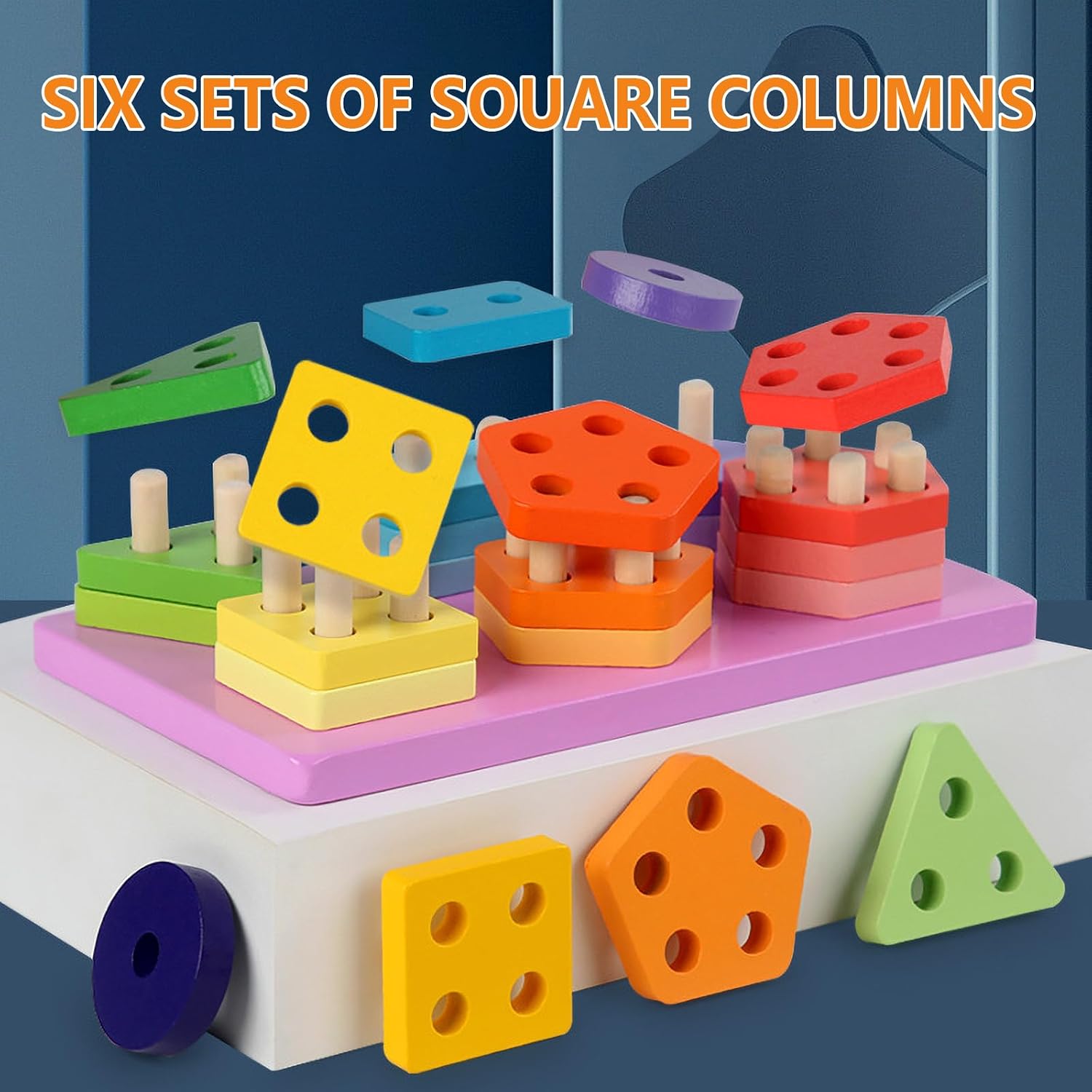 Blocs de construction en bois et six jeux de colonnes - 60A