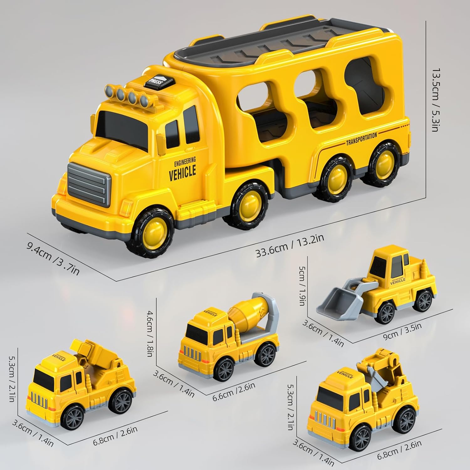 Fidtoy Coffret de 5 camions de construction 5 en 1 pour tout-petits avec lumières et sons, excavatrice, bulldozer, grue