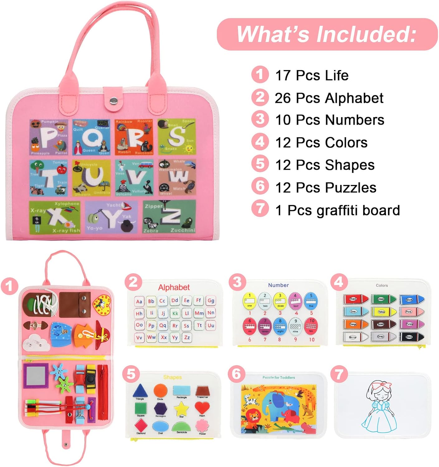 Busy Board Montessori Toys for Toddlers Sensory Board Toys,Preschool Activities Educational Toys for Toddlers Travel,Gifts for 3+ Year Old Boys Girls - Pink